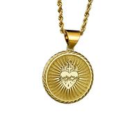 LKBEADS Collar con colgante de moneda grabada con corazón sagrado llameante de 24 mm con cadena francesa de 45 cm | Plata de ley chapada en oro | Joyería de regalo unisex | LK_PNDN_1397