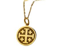 LKBEADS Collar con colgante de moneda grabada con cruz de Jerusalén de 24 mm y cadena tipo cable de 45 cm | Plata de ley chapada en oro | Joyería unisex | LK_PNDN_0865
