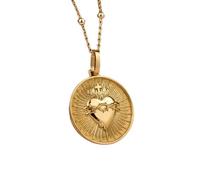 LKBEADS Collar con colgante de moneda grabada del Sagrado Corazón de Jesús de 24 mm con cadena tipo cable de 45 cm | Plata de ley chapada en oro | Joyería de regalo unisex | LK_PNDN_1406