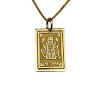 LKBEADS Collar con colgante de moneda grabada del Tarot de la Torre de 24 x 19 mm con cadena tipo cable de 45 cm | Plata de ley chapada en oro | Joyería de regalo unisex | LK_PNDN_1678