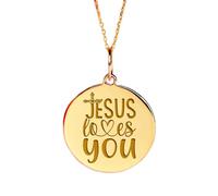 LKBEADS Collar con colgante de moneda grabada Jesús te ama de 24 mm con cadena de 45 cm | Plata de ley chapada en oro | Joyería unisex | LK_PNDN_0876