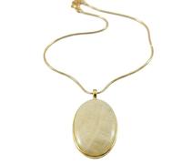 LKBEADS Collar con colgante de piedra de ágata natural amarilla de encaje, forma ovalada, color blanco roto, corte liso, 46x26 mm, con cadena de cable de 18", joyería curativa hecha a mano,