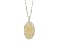 LKBEADS Collar con colgante de piedra de ágata natural amarilla de encaje, forma ovalada, color blanco roto, corte liso, 32x20 mm, con cadena de cable de 18", joyería curativa hecha a mano,
