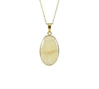 LKBEADS Collar con colgante de piedra de ágata natural amarilla de encaje, forma ovalada, color blanco roto, corte liso, 34x21 mm, con cadena de cable de 45 cm, joyería curativa hecha a mano,
