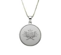 LKBEADS Collar con colgante del Sagrado Corán en relieve, hecho de plata de ley 925 con baño de plata, cadena de cable de 45 cm (18"), dije redondo para joyería unisex hecha a mano | LK_EMBO_00835