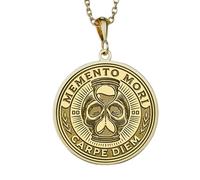 LKBEADS Collar con colgante Memento Mori en relieve, hecho de plata de ley 925 con baño de oro, cadena de cable de 45 cm (18"), dije redondo para joyería unisex hecha a mano | LK_EMBO_00243