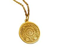 LKBEADS Collar de plata de ley 925 de 22 mm | Cadena de 45 cm | Colgante botánico de girasol | Charm floral grabado | Joyería natural | Joyería con baño de oro | L_01608