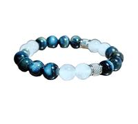 LKBEADS Ojo de tigre azul natural y cuarzo blanco, gema de 10 mm | piedra redonda de corte liso | piedra de color azul y blanco | pulsera elástica energética | joyería hecha a mano | LK_WOSB_00179_8