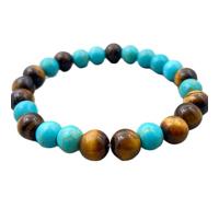 LKBEADS Ojo de tigre natural y turquesa de 8 mm | Forma redonda, corte liso | 18 cm | Gema azul y marrón | Pulsera elástica energética | Joyería artesanal | LSB_01959