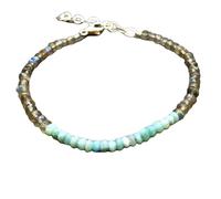 LKBEADS Pulsera de larimar y labradorita de 3-3,5 mm con cuentas facetadas en forma de rondelle, cierre ajustable bañado en plata de 18 cm para hombre y mujer | LK_STACK_08135