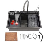 LKHDONG Fregadero de cocina con cascada, 76 x 45 cm, empotrable, de acero inoxidable, con grifo extraíble, pantalla digital, escurridor y fregadero interior con desagüe, fregadero de cocina