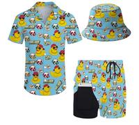 LKHVGY Conjunto de 2 piezas para hombre, camisa hawaiana con botones y pantalones cortos de compresión con sombreros de pescador, Duck Money1, M