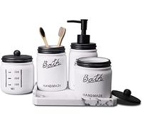 LKKL Mason Jar Accesorios de baño - Juego de 5 dispensadores de jabón y loción, 2 tarros de boticario, 1 Soporte para Cepillo de Dientes, 1 dispensador de jabón, 1 Bandeja de baño (Negro/Blanco)