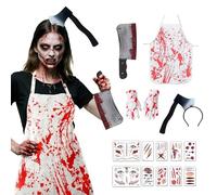 LKOIVNED Disfraces de Halloween para hombre, disfraz con hacha, diadema, guantes de sangre, delantal sangriento, calcomanías de tatuaje para carnicero, disfraz de Halloween, cosplay, fiesta de