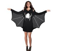 LKOIVNED Disfraz Araña Mujer, Negro Disfraces Murciélago para Adultos Telarañas Alas de Murciélago Vestido Halloween Mujer para Halloween Carnaval Mardi Gras Fiesta Cosplay (L)