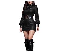 LKUITEGOGFB Vestido de piel de PVC brillante para mujer, cintura alta, vestido acampanado con lazo, para fiesta, club, escenario, Negro, L
