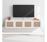 Lkvent Mueble TV Estante Flotante for TV de Madera Maciza, Mueble for TV montado en la Pared, estantes flotantes de ratán con 4 Puertas, Almacenamiento Grande Debajo suspendido(Weiß)