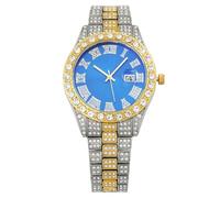 Lkvent Reloj inteligente de cuarzo para hombre con incrustaciones de diamantes con calendario, correa de acero ajustable, elegante reloj de pulsera digital, Blu, talla única