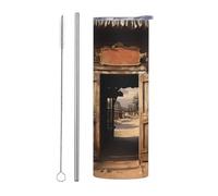 LKWSCGHM Retro Cowboy Western Country Farm Vaso con tapas y popote, botella de agua de doble pared al vacío de 20 onzas, taza de café aislada de acero inoxidable, taza de café a prueba de fugas, taza