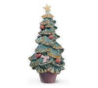 LLADRÓ Figura Abeto de Navidad de Porcelana Brillo. Figura Decorativa Navideña del Árbol de Navidad Adornado con Bolas y Lazos