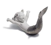 LLADRÓ Figura Sirena Despertar En El Mar. Lustre Plata. Figura Sirena de Porcelana.