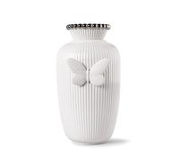 LLADRÓ Jarrón de Porcelana Lucky Diseñado por Olga Hanono. Tibor de Porcelana Blanca Mate de Diseño Ondulado con una Mariposa Símbolo de Buena Suerte