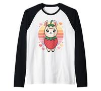 Llama Fresa Kawaii Arcoiris Corazones Retro Tierno Camiseta Manga Raglan
