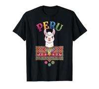 Llama Linda de la Historieta del Perú con el patrón Popular andino Tradicional Camiseta gráfica económica, Hombre, Negro, S