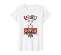 Llama Linda de la Historieta del Perú con el patrón Popular andino Tradicional Camiseta gráfica económica, Mujer, Blanco, XS