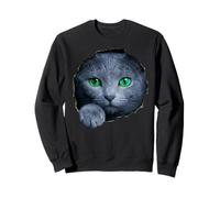 Llamativo Gato Azul Ruso Ojos Verdes Mirando a través Sudadera