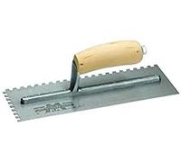 Llana dentada Marshalltown, muesca:SQ-6x10x6 mm con mango curvo de madera, de acero, para baldosas, tamaño: 279x114 mm
