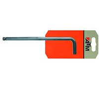 Llave Allen larga con extremo de bola, acero al cromo-vanadio, uso en mecánica y ensamblaje de muebles.