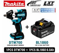 Llave de impacto eléctrica sin escobillas Makita DTW700, 1000N.M de par, taladro eléctrico inalámbrico, llave de 1/2 pulgadas, herramientas eléctricas para batería de 18V 1PCSDTW7001PCS6Ah