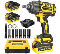 Llave de Impacto Inalámbrica 1300Nm, Pistola de Impacto Bateria 1/2" con 2 Baterías 4.0Ah, Motor Brushless, 3 Velocidades + Modo RSS, Maletín y 6 Enchufes, para Mecánica, Construcción & Bricolaje