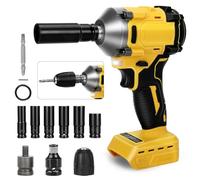 Llave de Impacto Inalámbrica, 600Nm 1/2 Pulgada Brushless Compatible con Dewalt 18V 20V, Atornillador Eléctrico con 3 Velocidades Ajustables y 12 Accesorios para Automóviles y Muebles - NO Batería