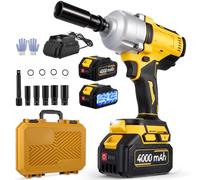 Llave de impacto inalámbrica 880W - Motor sin escobillas 1000N.m - Batería 21V 2x4000mAh, 3 velocidades + LED, cuadradillo 1/2", maletín con 5 dados y extensión - Para taller, automoción, bricolaje
