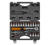 Llave dinamométrica bidireccional 1/4", 5-25Nm, juego de 21 piezas.