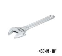 Llave inglesa - herramienta de 18", fabricada en acero al carbono, acabado satinado, mordaza milimetrada, longitud de 450 mm.