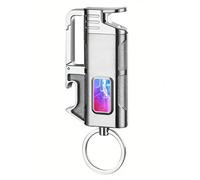 Llavero 3 en 1 con linterna, llama ajustable a prueba de viento, butano recargable con ventana visual, ideal para uso en exteriores y velas, compacto y portátil
