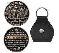 Llavero de bolsillo personalizable con texto en inglés «To My Son» de papá, ficha de acero inoxidable grabada con portador de piel sintética, regalos personalizados para hijos, para cumpleaños