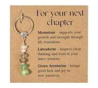 Llavero de cristal natural con tarjeta de significado personalizada, piedras de luna hecha a mano, labradorita amuleto de la suerte, regalo elegante para un nuevo comienzo, despedida, novia, colega