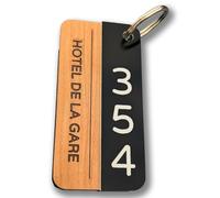 Llavero de hotel personalizado 80x40 mm - Grabado láser nombre de hotel y número de habitación - Madera de cerezo y acrílico negro - Llavero dormitorio casa de huéspedes, albergue - Fabricación
