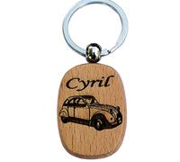 Llavero de madera exótica grabado personalizado coche 2 caballos +nombre a elegir Marrón, marrón, 48 X 28 mm