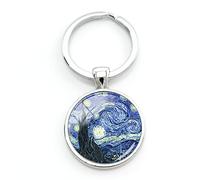 Llavero de metal de cristal para hombres y mujeres, joyería Van Gogh noche estrellada, arte abstracto, llavero de arte regalo, plata, 25