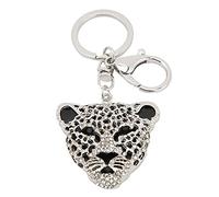 Llavero de moda de leopardo de cristal con cabeza de jaguar, llavero con cabeza de leopardo, colgante para bolso de coche para niña, regalo de cumpleaños(Plata)