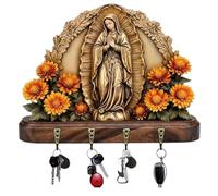 Llavero de pared sagrada de Nuestra Señora de Guadalupe, llavero de arte de la comunión de Jesús con 4 ganchos, soporte multifuncional de madera con temática de comunión plana 2D para el hogar (1PC)
