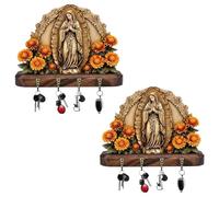 Llavero de pared sagrada de Nuestra Señora de Guadalupe, llavero de arte de la comunión de Jesús con 4 ganchos, soporte multifuncional de madera con temática de comunión plana 2D para el hogar (2PCS)