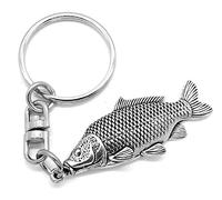 Llavero de peltre de plata con diseño de pez carpa común (una cara) en una bolsa de regalo de arpillera de limón