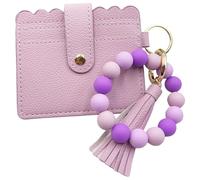Llavero de pulsera para mujer, cartera pequeña con tarjetero, ventana de identificación, monedero delgado de silicona con cuentas, Púrpura claro, Talla única