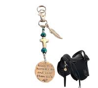 Llavero de sillín | Llavero de silla de caballo, herradura, vintage, llavero de aleación con letras talladas y hebilla de seguridad, caballo occidental para maridos y novios, Pluma, Refer to